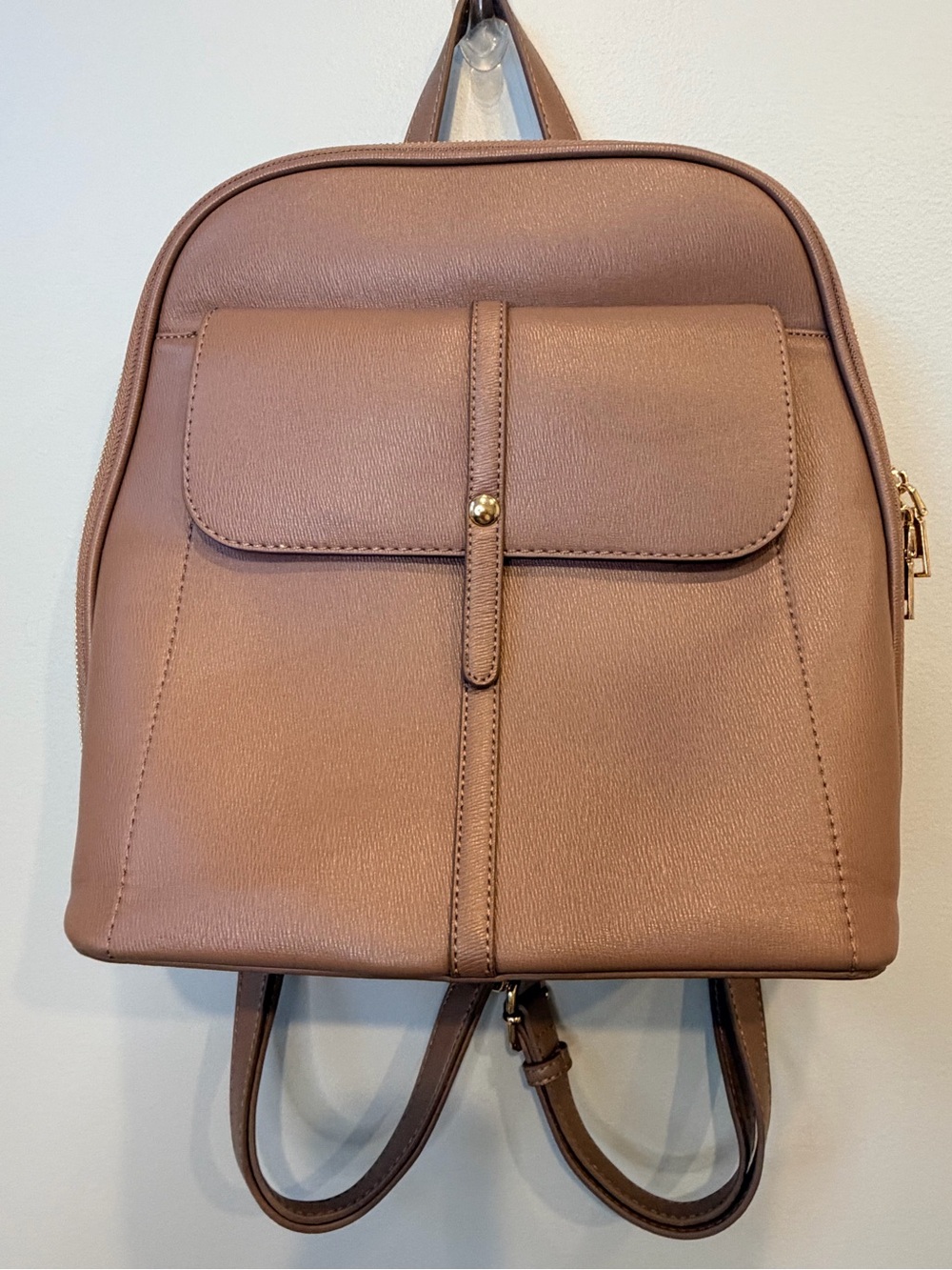 Miztique Vegan Leather Backpack Purse Taupe/Mauve with Geometric Trellis Lining
